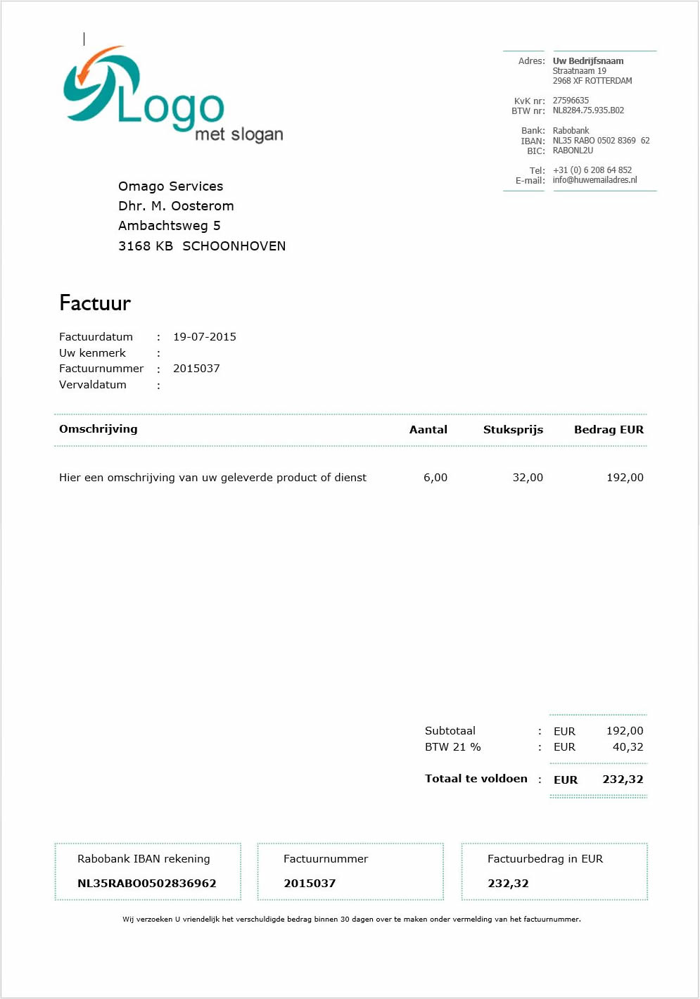 Tarief De gasten Uitlijnen Voorbeeld Factuur